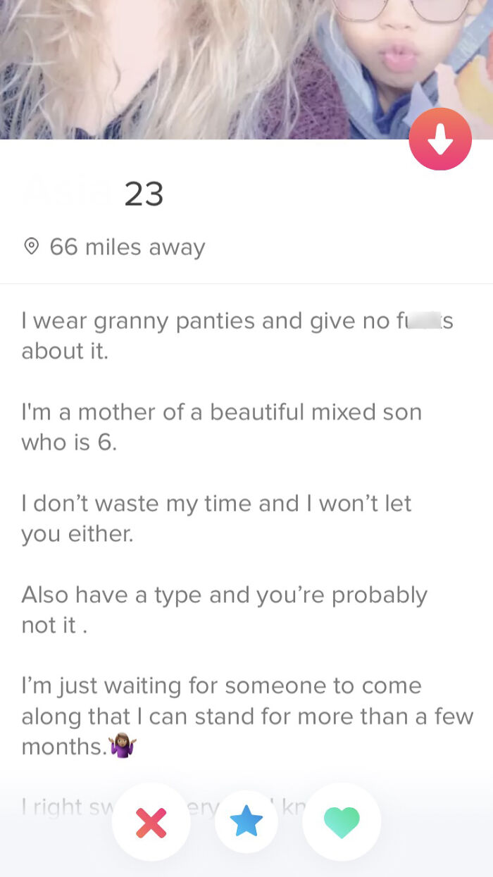 A dating app profile of a woman whose dating standards include wearing granny panties and having a mixed son.