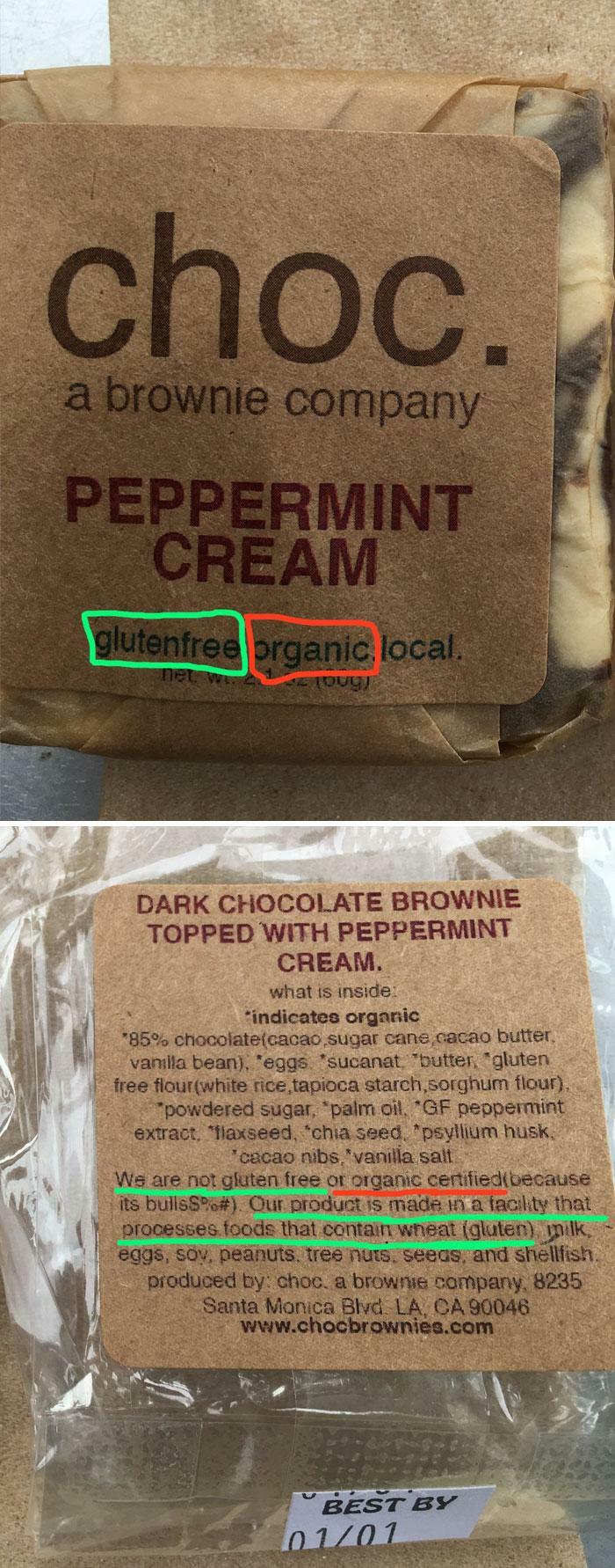 Close-up of a brownie package label with infuriating marketing practices: it claims 'gluten-free' and 'organic' but then states it's made in a facility that processes gluten and other allergens.