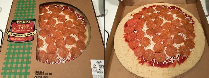 A side-by-side comparison of a packaged pizza in a box and the pizza itself, revealing much less pepperoni than suggested, a common marketing practice that infuriates customers.