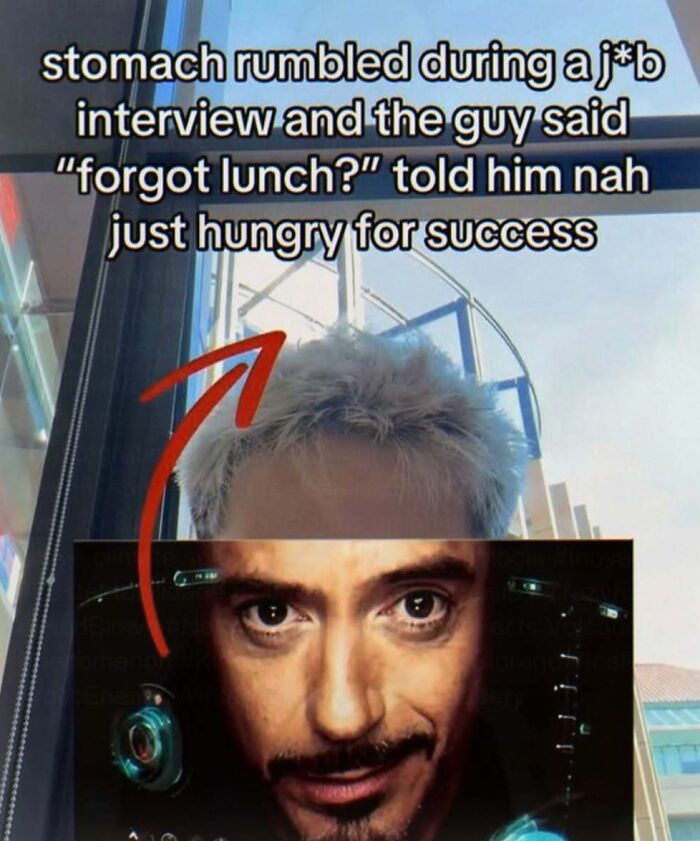 A cringe meme of Robert Downey Jr. and text about a job interview, highlighting unhinged humor.