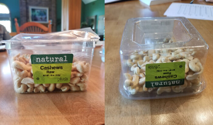 A split image shows a container of cashews. The first view is upright, the second is upside down, highlighting misleading marketing practices.