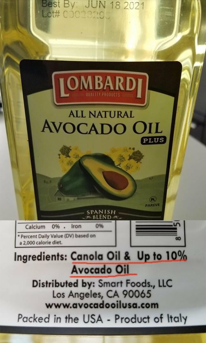 Lombardi Avocado Oil bottle labeled all natural, yet contains only up to 10% avocado oil, infuriating marketing practices.