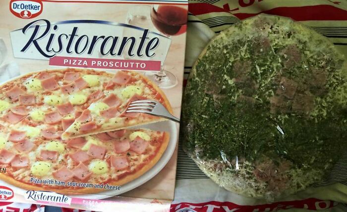A Dr. Oetker Ristorante Pizza Prosciutto box showing a delicious pizza, next to a much less appealing frozen pizza, exemplifying marketing practices.