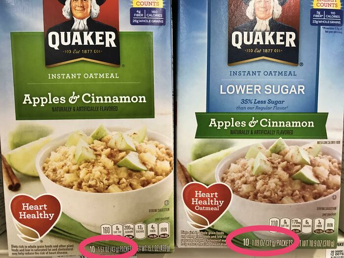 Two Quaker oatmeal boxes, one regular and one lower sugar, showing different packet weights, illustrating marketing practices.