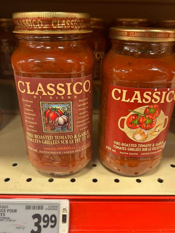 Two Classico pasta sauce jars, identical in appearance but with different volumes, showcasing questionable marketing practices.