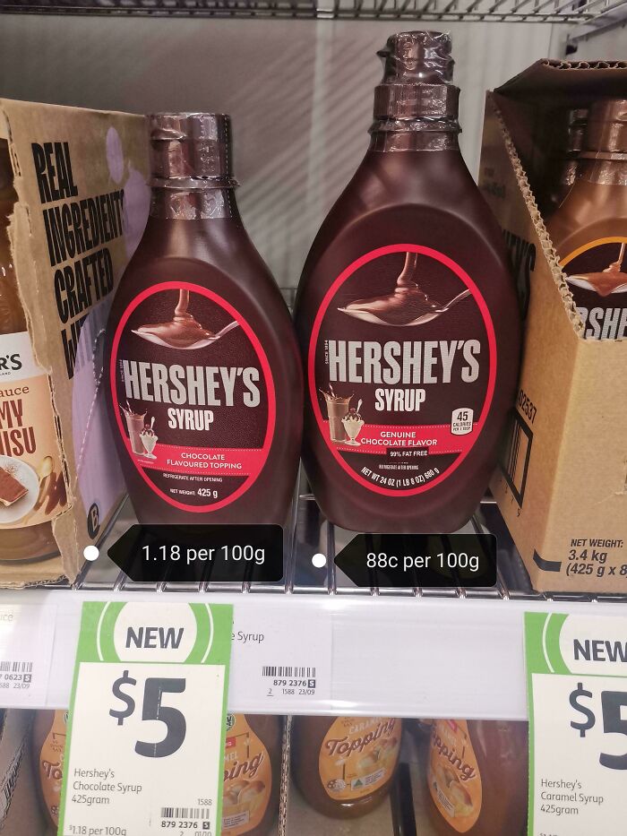 Two Hershey's chocolate syrup bottles of different sizes but the same price, illustrating infuriating marketing practices.
