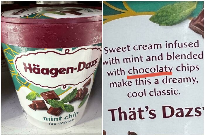 A pint of Haagen-Dazs mint chip ice cream with a close-up of the label showing a typo in chocolaty, a marketing practice.