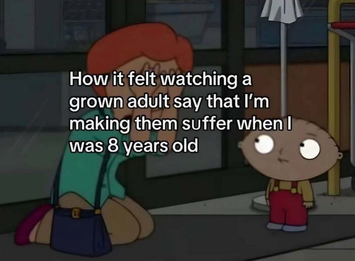 A cringe meme from Family Guy showing Lois on her knees and Stewie standing, depicting childhood trauma.