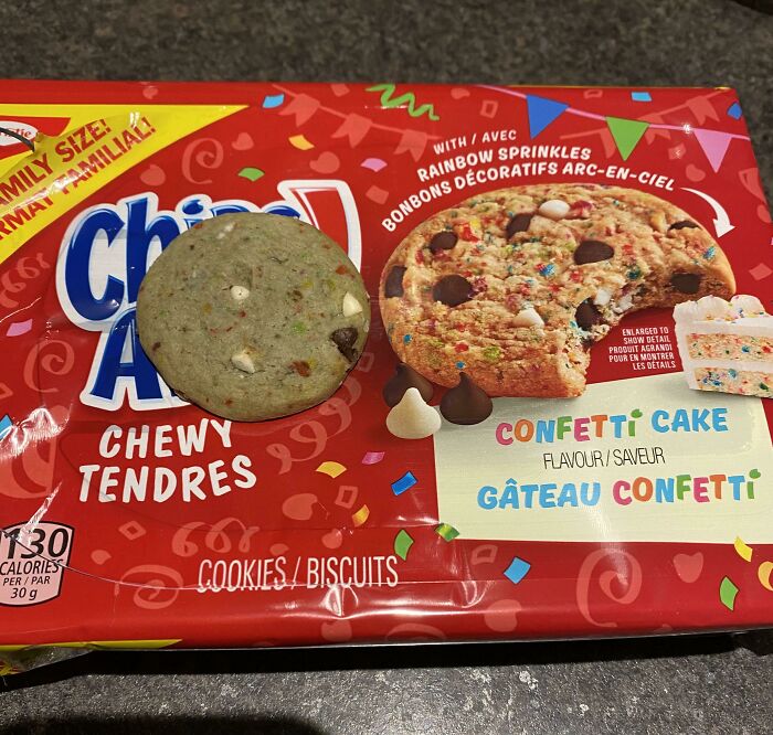 A package of Chips Ahoy Confetti Cake cookies next to a single, unappealing cookie, exemplifying infuriating marketing practices.