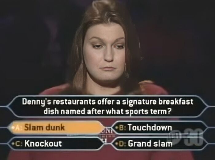 A contestant on Who Wants To Be A Millionaire with a dumb answer selected for a sports term question.