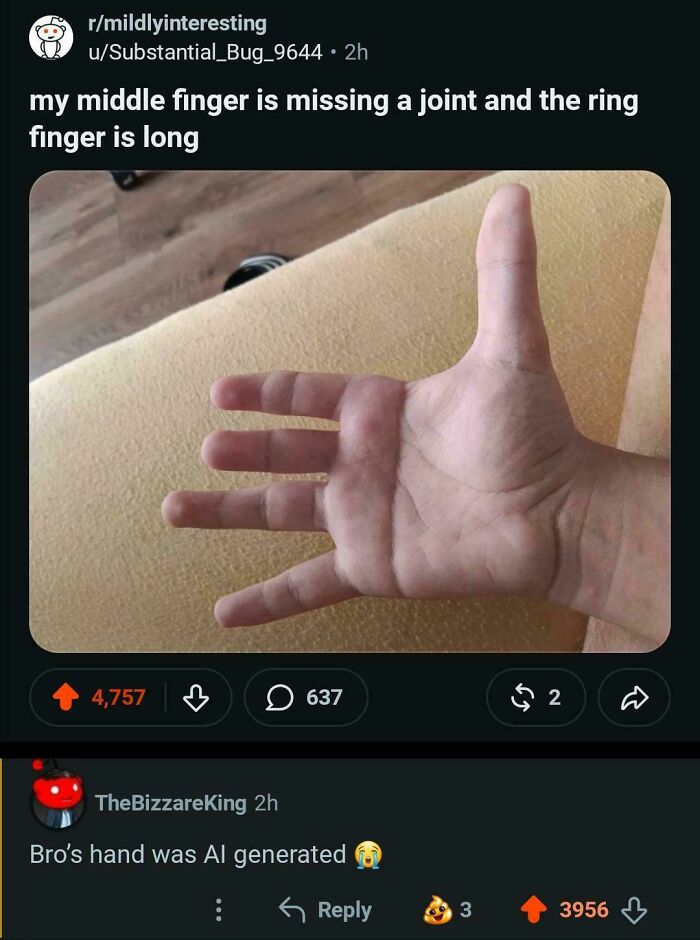 A photo of a hand with a missing finger joint, and a clever clapback comment stating 'Bro's hand was AI generated'.