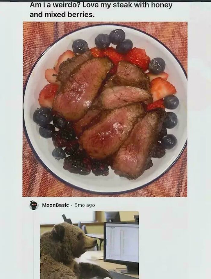 A dish of steak with honey and mixed berries, a weird roast that prompts a clapback from a bear typing on a computer.
