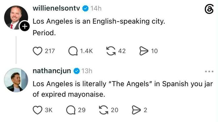 A Twitter exchange featuring two users, willienelsontv and nathancjun, with a clever clapback about Los Angeles.