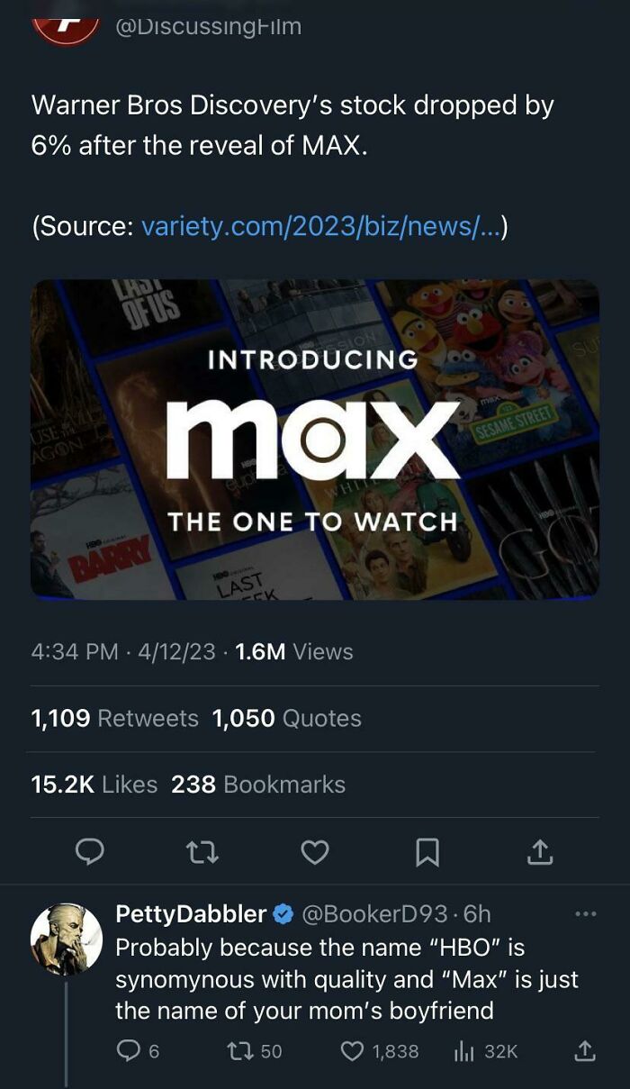 A tweet about Warner Bros. Discovery stock drop, with a clever clapback comparing HBO quality to the name of 'mom's boyfriend'.