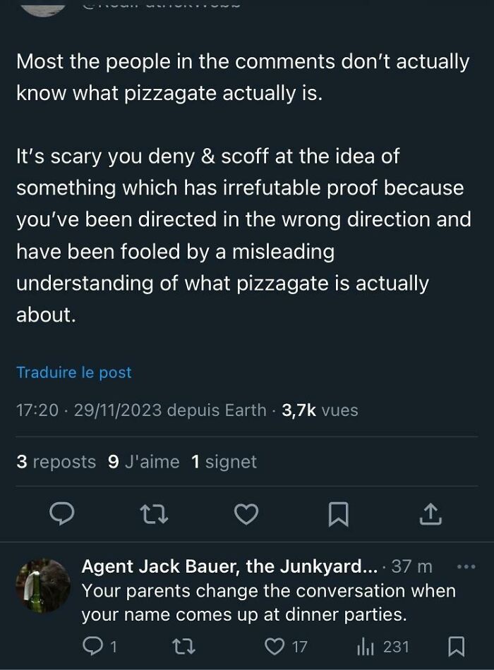 A social media post with a clever clapback about parents changing the conversation when someone's name comes up at dinner parties.