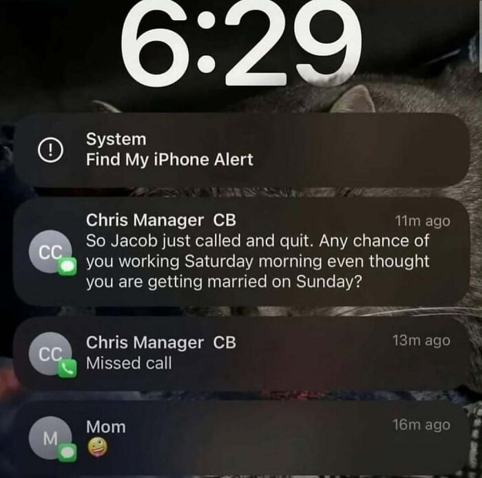 A phone screenshot displaying several cringe memes text messages, including a manager asking to work before a wedding.