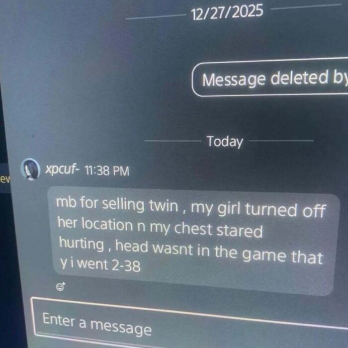 A screenshot of a cringe meme text message from 2025, showing a player's excuse for a bad game.