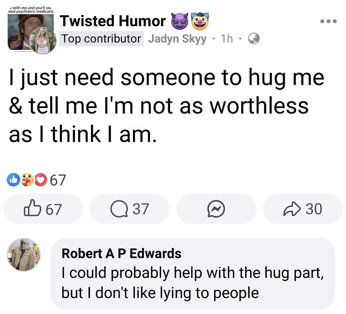 A social media post expressing feelings of worthlessness, met with a brutal clapback from a commenter.