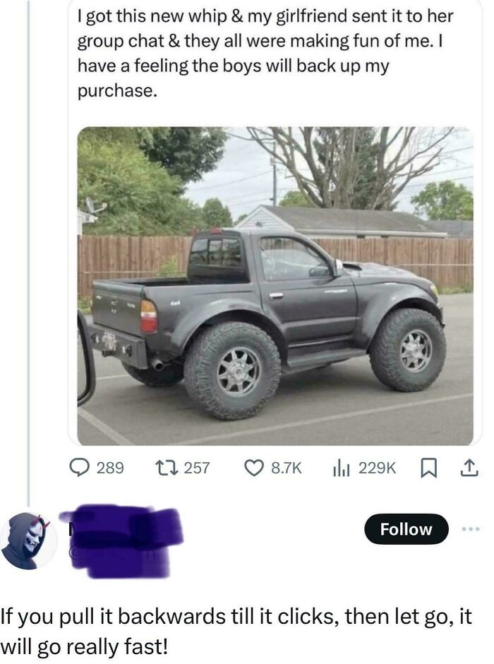 A social media post showing a highly modified truck with oversized wheels, and a witty clapback roast suggesting it's a pull-back toy.