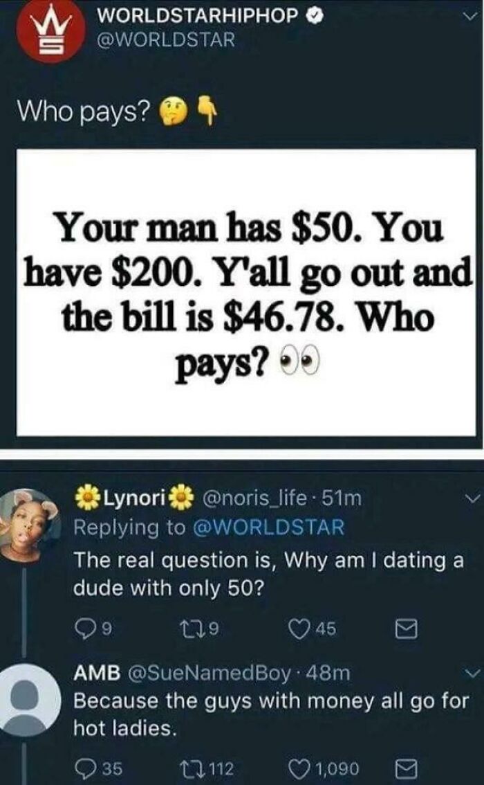 A social media post with a money riddle and two clever clapback roasts in the replies about dating habits and hot ladies.