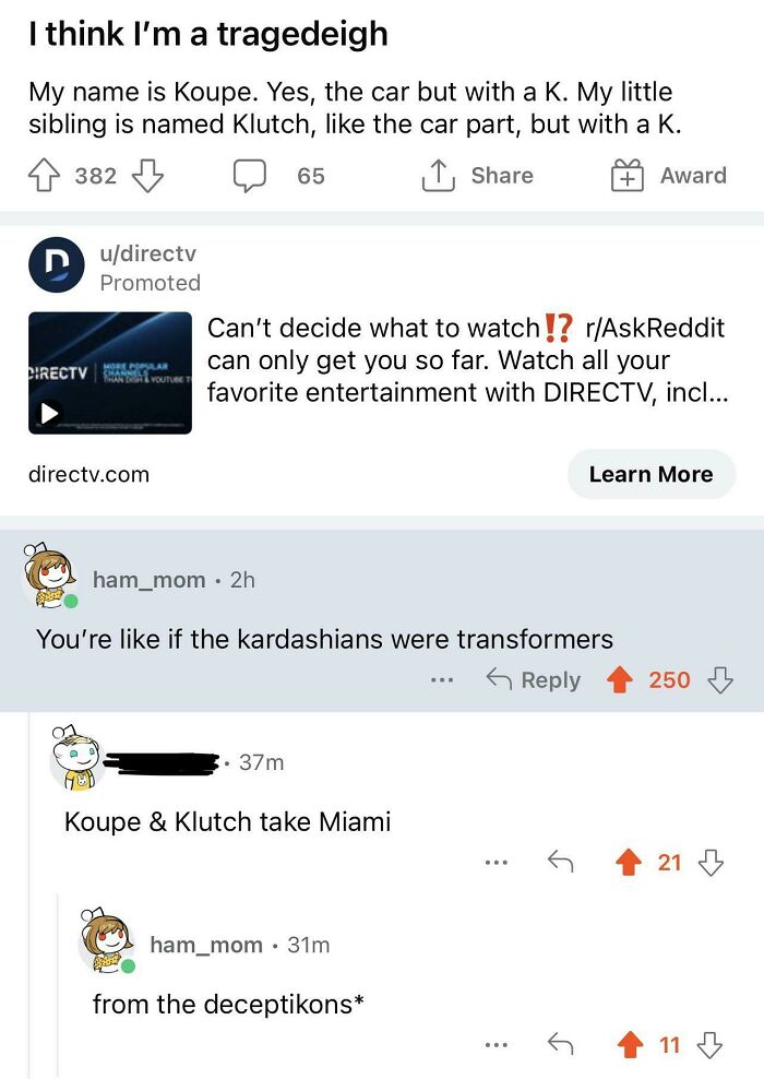 A Reddit post showing a series of clever clapback roasts in the comments, including one about Kardashians as Transformers.