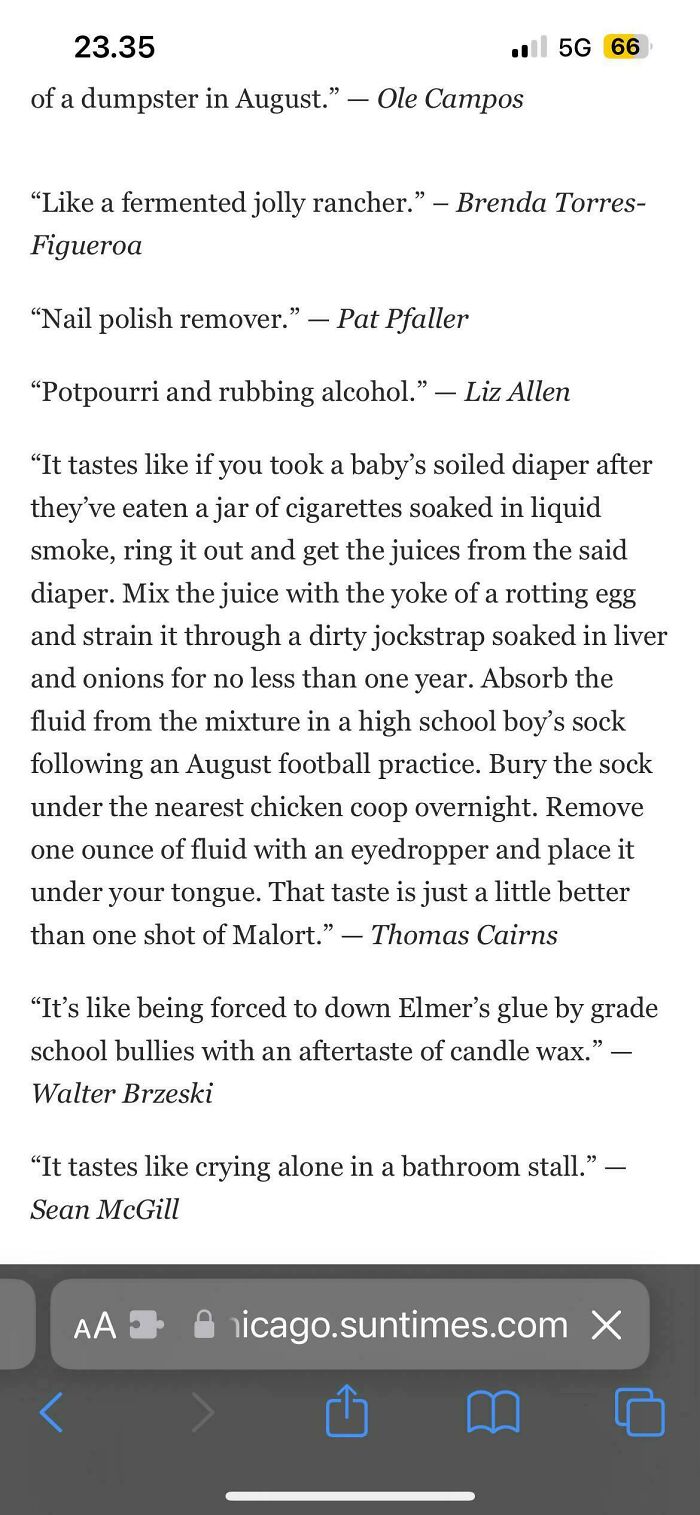 A page displaying a list of creative clapback roasts, comparing various things to fermented jolly ranchers, nail polish remover, and more.