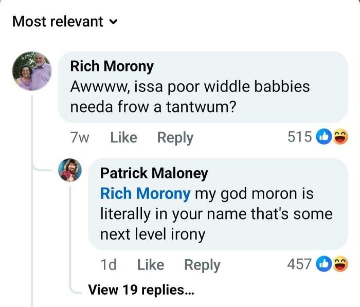 A Facebook comment section featuring a clever clapback roast where one user points out the irony of another's name, Rich Morony.