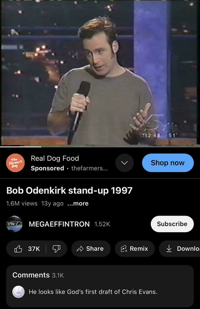 Bob Odenkirk performing stand-up comedy, with a humorous comment below about him being Gods first draft of Chris Evans, a clever clapback.