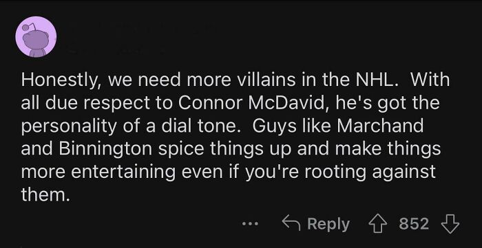 A Reddit comment suggesting more villains in the NHL like Marchand and Binnington, describing Connor McDavid's personality as a dial tone, a delicious roast.