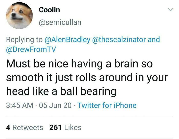 A Twitter reply with a humorous roast: Must be nice having a brain so smooth it just rolls around in your head.