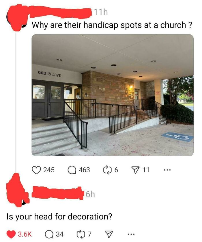 A Reddit post shows a church with a handicap ramp and parking, followed by a clever clapback.
