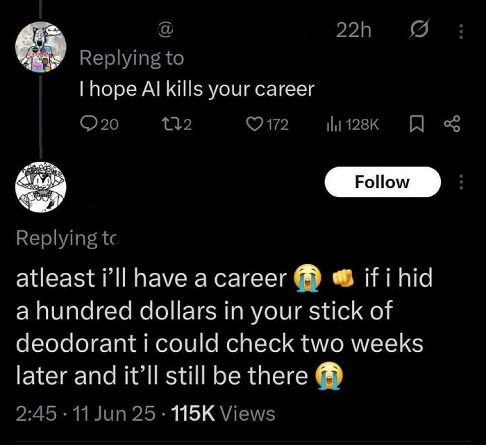 A Twitter exchange showing a roast, threatening AI will k**l your career.