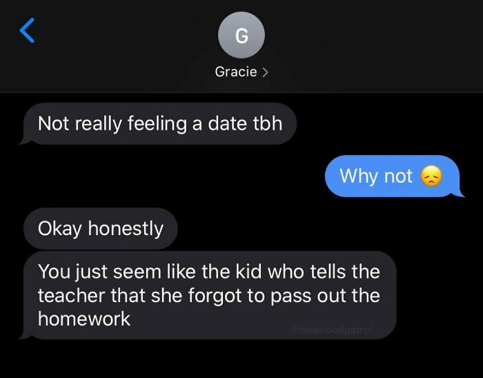 A screenshot of a text message exchange with a clever clapback, where one person declines a date with a funny roast.