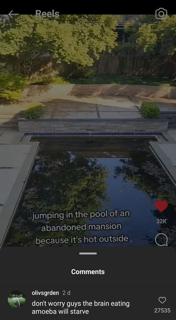 An Instagram Reels screenshot with a roast in the comments about jumping in an abandoned mansion pool and brain-eating amoebas.