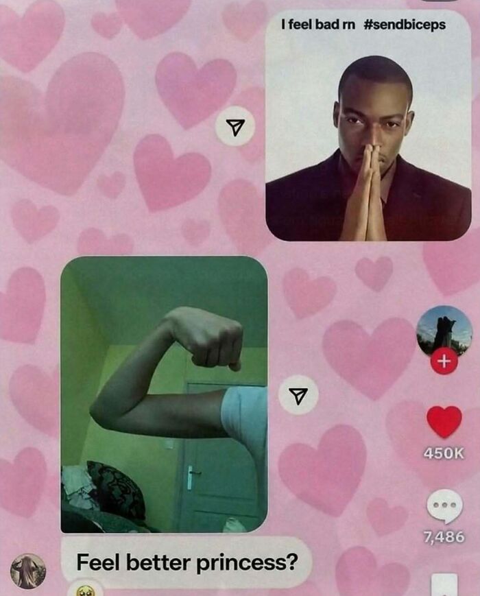 A text message exchange with a person asking for biceps and a picture of a bicep, generating cringe memes.
