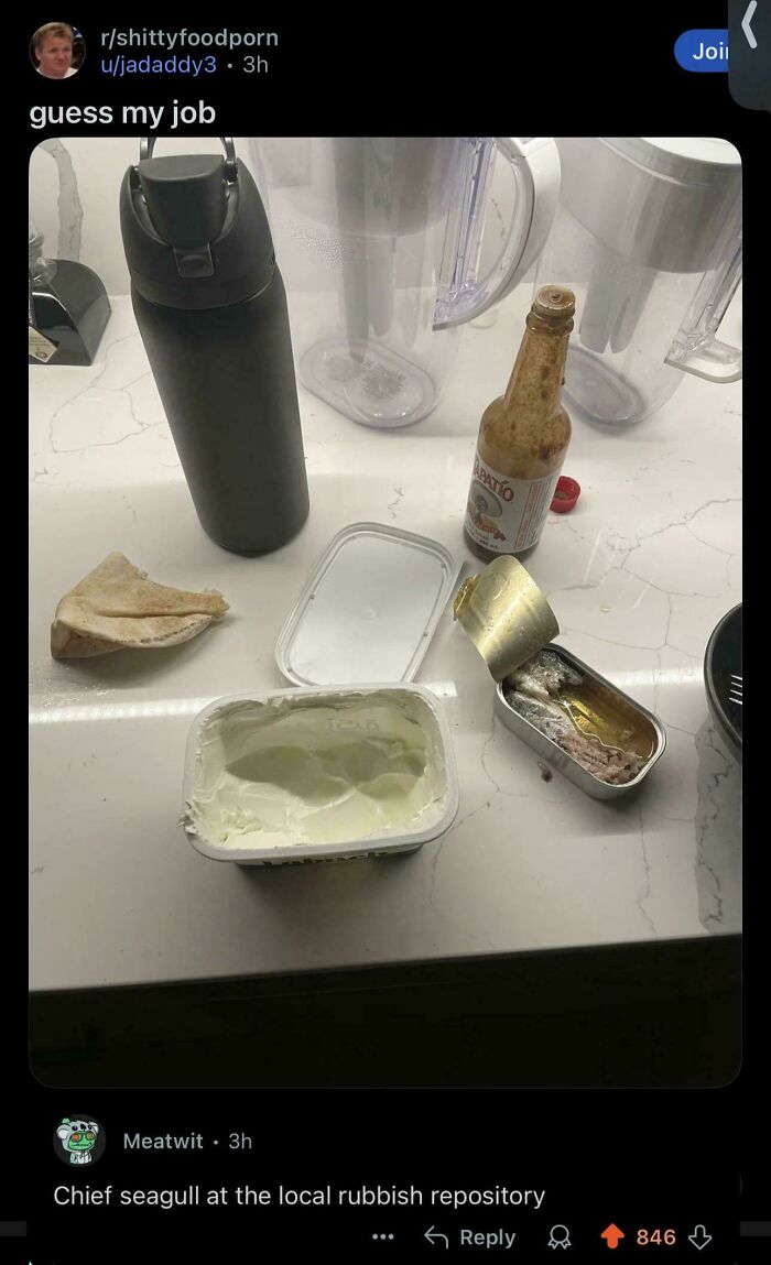 A Reddit post showing a pathetic meal with a comment below that provides a clever clapback, Chief seagull at the local rubbish repository.