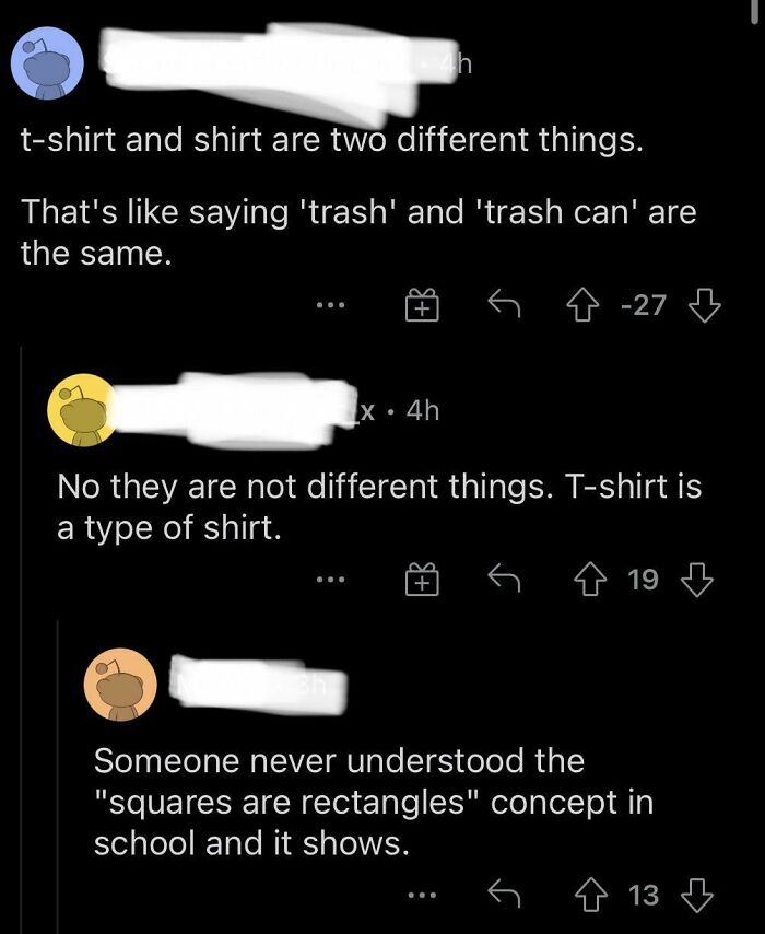 A screenshot of a Reddit thread where users are debating the difference between a shirt and a t-shirt, offering clever clapback.