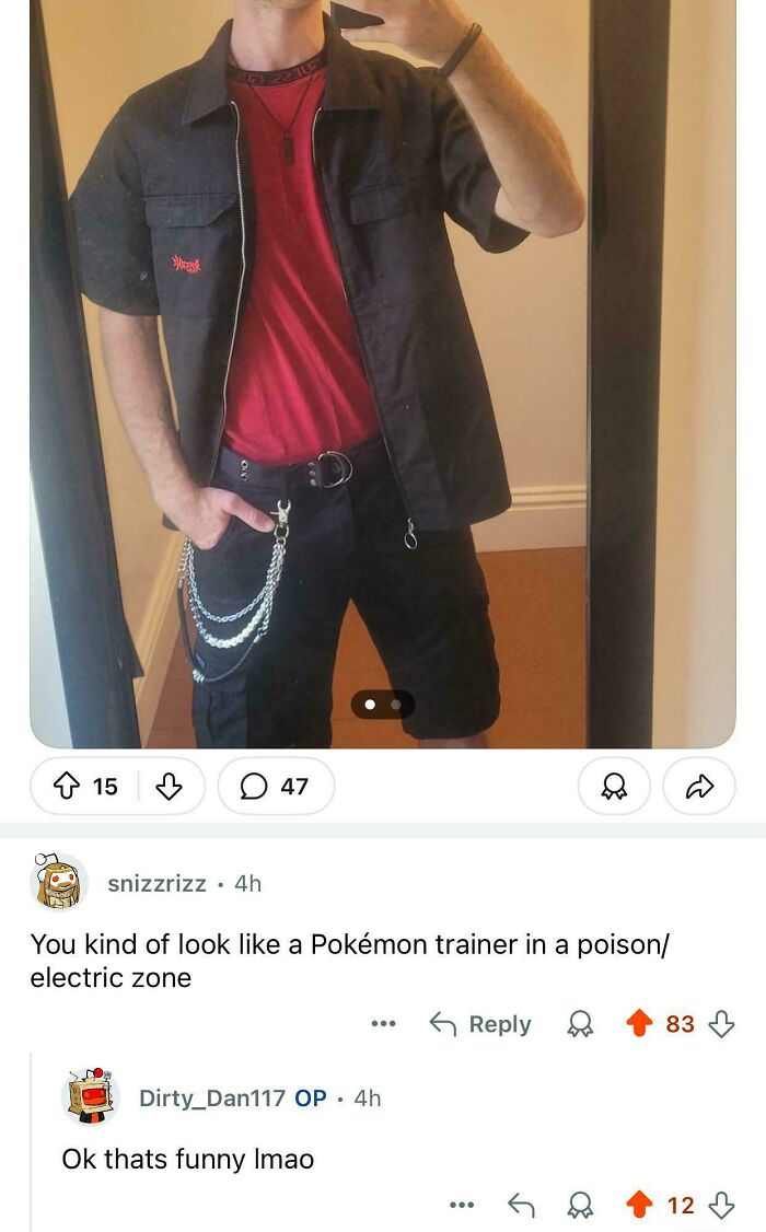 A photo of a person in an outfit, with a Reddit comment providing a roast, comparing them to a Pokémon trainer.