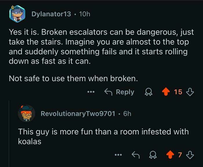 A Reddit comment about broken escalators, followed by a witty clapback comparing the commenter to a room infested with koalas.