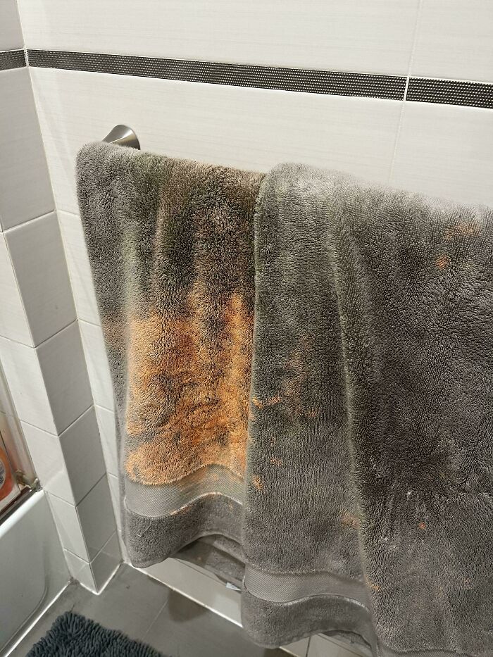 A dirty, stained gray towel hanging in a bathroom. Men might freak out seeing this in a woman's home.