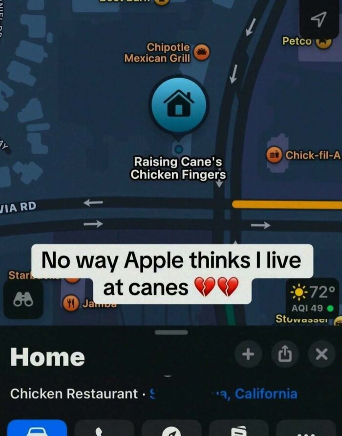 A map with a home icon over Raising Cane's Chicken Fingers, generating cringe memes about Apple Maps location.
