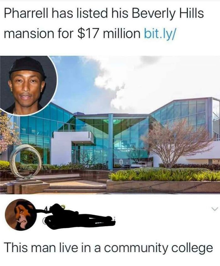 A clever clapback meme showing Pharrell Williams mansion with the roast: 'This man live in a community college.'