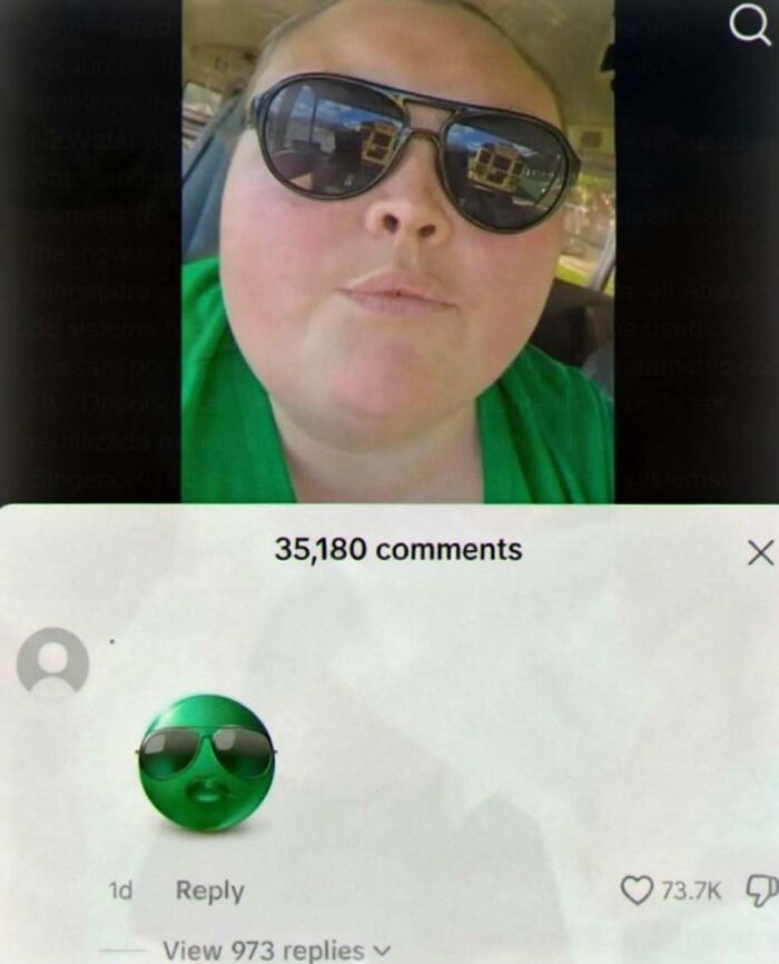 A cringe meme featuring a person wearing sunglasses, reflected as a green emoji wearing sunglasses in a comment section.