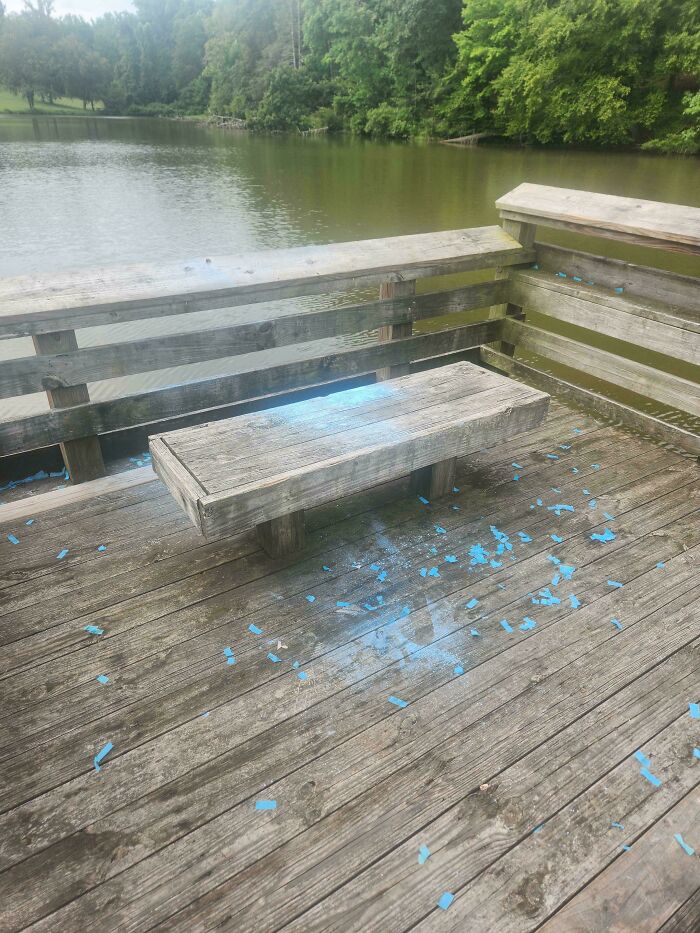 Wooden deck by a lake covered in blue confetti, aftermath of gender reveal moments.