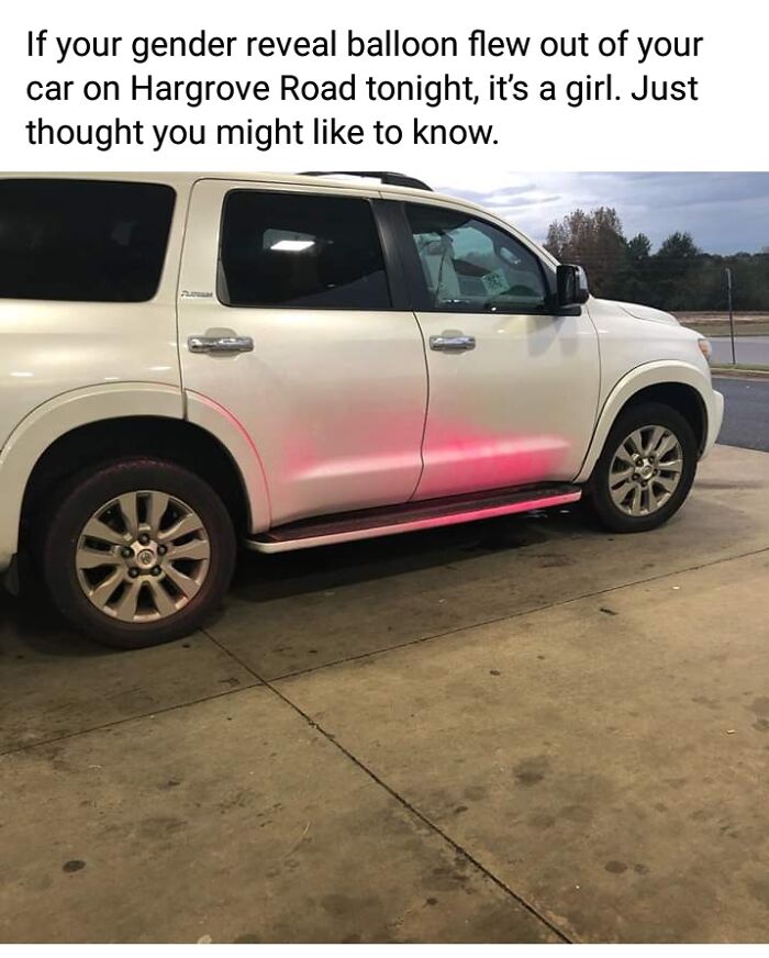 White SUV with pink powder on the side, revealing gender reveal moments on Hargrove Road.