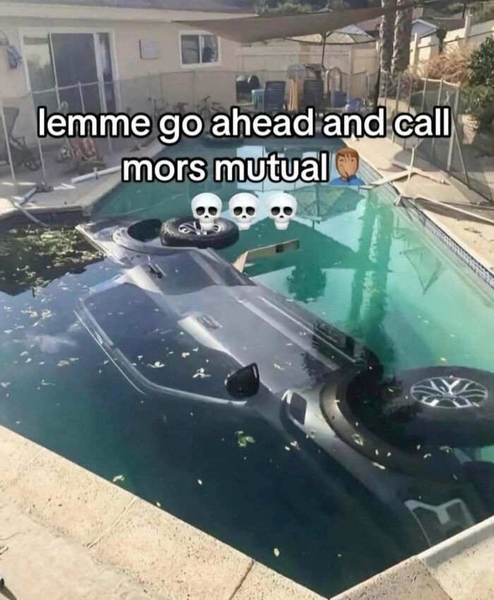 An image featuring a car submerged upside down in a swimming pool, representing unhinged and cringe memes.