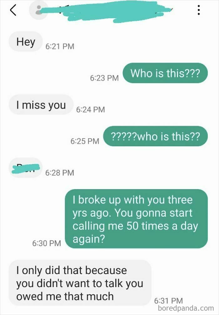 A screenshot showing toxic men in a text exchange, where a woman is uncomfortable with a man trying to reconnect after three years.