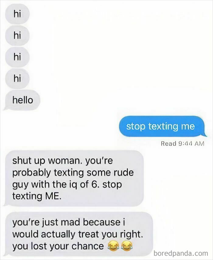 A screenshot of a conversation with a toxic man who continues to message women despite being told to stop texting.