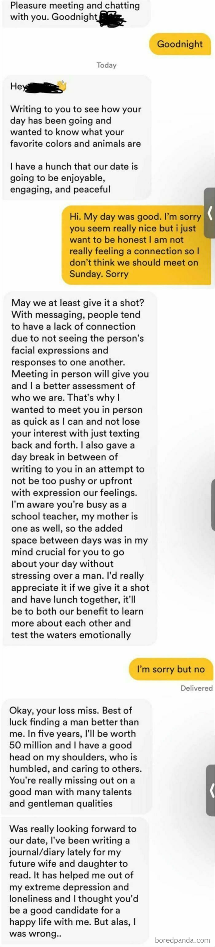 A screenshot showing an uncomfortable and disappointed woman's text message response from a toxic man.