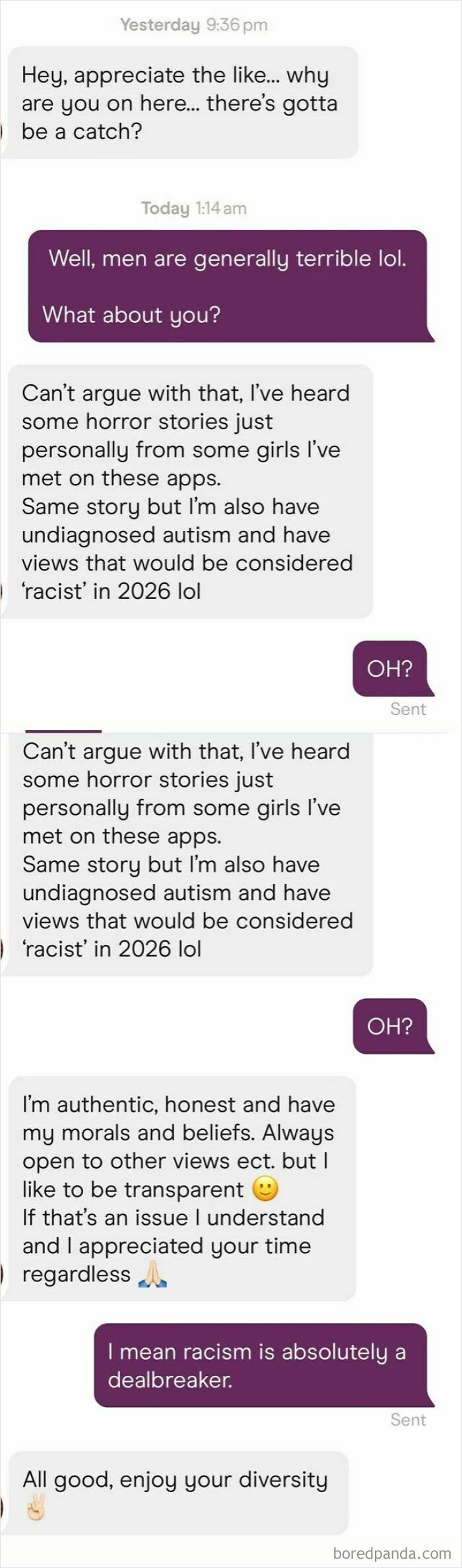 A conversation showing a man making a racist comment, illustrating toxic men messaging women.